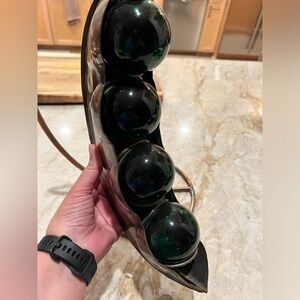 🫛Fun whimsical metal and green glass hanging pea pod sculpture and metal stand